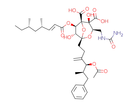 (1S,3R,4S,5R,6R,7R)-1-((4S,5R)-4-Acetoxy-5-methyl-3-methylene-6-phenyl-hexyl)-6-((E)-(4S,6S)-4,6-dimethyl-oct-2-enoyloxy)-4,7-dihydroxy-3-ureidomethyl-2,8-dioxa-bicyclo[3.2.1]octane-4,5-dicarboxylic acid