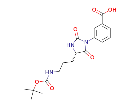 Molecular Structure of 157702-13-1 (3-[4-(S)-(3-tert-butoxycarbonylamino-propyl)-2,5-dioxo-imidazolidin-1-yl]benzoic acid)
