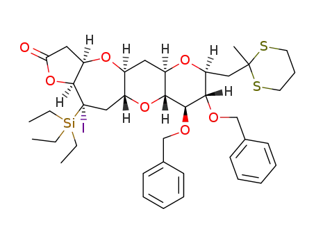 Molecular Structure of 344315-33-9 ((3aR,4aS,5aR,7S,8S,9R,9aR,10aR,12S,12aS)-8,9-Bis-benzyloxy-12-iodo-7-(2-methyl-[1,3]dithian-2-ylmethyl)-12-triethylsilanyl-dodecahydro-1,4,6,10-tetraoxa-naphtho[2,3-f]azulen-2-one)