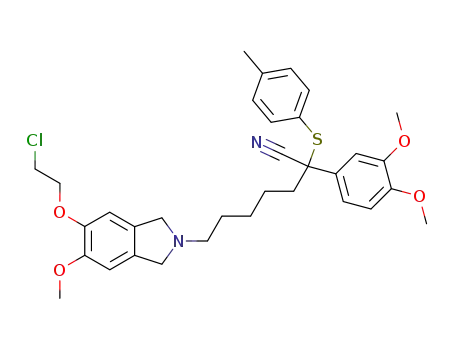 Molecular Structure of 167159-36-6 (7-[5-(2-chloro-ethoxy)-6-methoxy-1,3-dihydro-isoindol-2-yl]-2-(3,4-dimethoxy-phenyl)-2-<i>p</i>-tolylsulfanyl-heptanenitrile)
