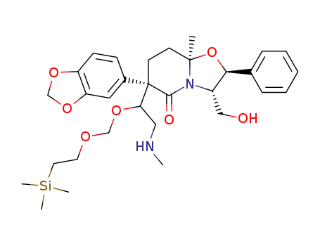 (2S,3S,6S,8aR)-6-Benzo[1,3]dioxol-5-yl-3-hydroxymethyl-8a-methyl-6-[2-methylamino-1-(2-trimethylsilanyl-ethoxymethoxy)-ethyl]-2-phenyl-hexahydro-oxazolo[3,2-a]pyridin-5-one