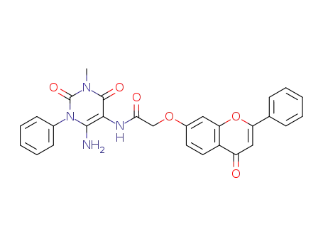 Molecular Structure of 301206-12-2 (Acetamide,  N-(6-amino-1,2,3,4-tetrahydro-3-methyl-2,4-dioxo-1-phenyl-5-pyrimidinyl)-2-[(4-oxo-2-phenyl-4H-1-benzopyran-7-yl)oxy]-)