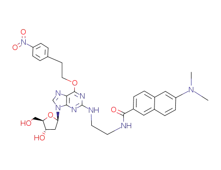 Molecular Structure of 872419-12-0 (Guanosine,
2'-deoxy-N-[2-[[[6-(dimethylamino)-2-naphthalenyl]carbonyl]amino]ethyl]
-6-O-[2-(4-nitrophenyl)ethyl]-)