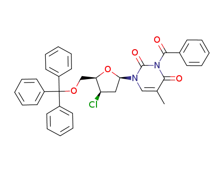 Molecular Structure of 143997-09-5 (3-N-benzoyl-1-β-(3'-chloro-2',3'-dideoxy-5'-O-tritylxylofuranosyl)thymine)