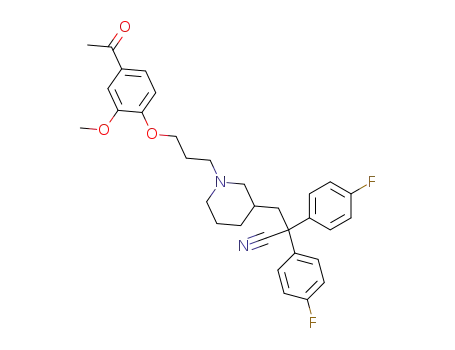 Molecular Structure of 131911-61-0 (1-[3-(4-acetyl-2-methoxyphenoxy)propyl]-α,α-bis(4-fluorophenyl)-3-piperidinepropanenitrile)