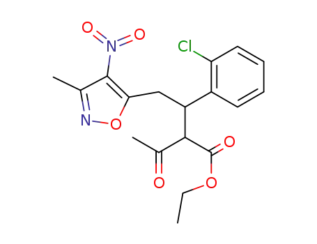 Molecular Structure of 103806-27-5 (5-Isoxazolebutanoic acid, a-acetyl-b-(2-chlorophenyl)-3-methyl-4-nitro-,
ethyl ester)