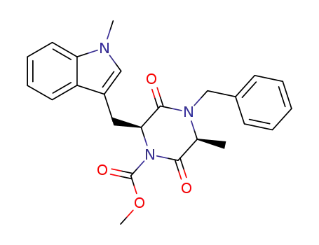 Molecular Structure of 561303-44-4 (1-Piperazinecarboxylic acid,
3-methyl-6-[(1-methyl-1H-indol-3-yl)methyl]-2,5-dioxo-4-(phenylmethyl)-,
methyl ester, (3S,6S)-)