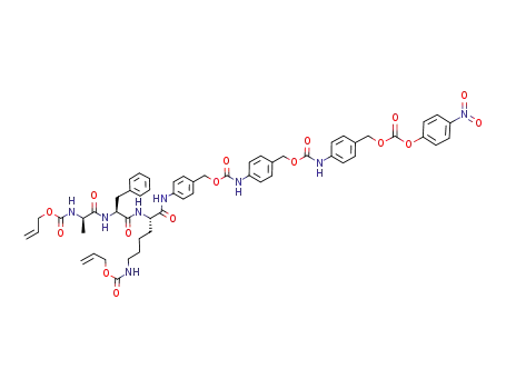 Molecular Structure of 393522-19-5 (Carbonic acid 4-[4-(4-{(S)-6-allyloxycarbonylamino-2-[(S)-2-((R)-2-allyloxycarbonylamino-propionylamino)-3-phenyl-propionylamino]-hexanoylamino}-benzyloxycarbonylamino)-benzyloxycarbonylamino]-benzyl ester 4-nitro-phenyl ester)