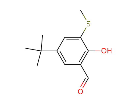 Molecular Structure of 81322-70-5 (Benzaldehyde, 5-(1,1-dimethylethyl)-2-hydroxy-3-(methylthio)-)
