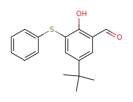 Molecular Structure of 185683-47-0 (Benzaldehyde, 5-(1,1-dimethylethyl)-2-hydroxy-3-(phenylthio)-)