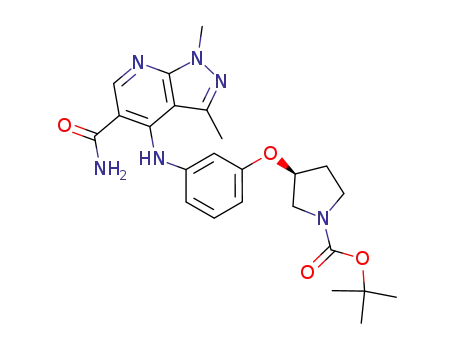 Molecular Structure of 389058-54-2 (3-[3-(5-carbamoyl-1,3-dimethyl-1<i>H</i>-pyrazolo[3,4-<i>b</i>]pyridin-4-ylamino)-phenoxy]-pyrrolidine-1-carboxylic acid <i>tert</i>-butyl ester)