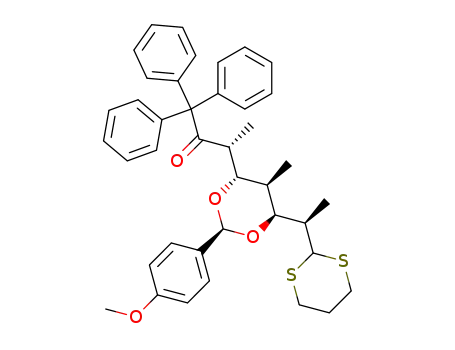 2,4,6,8-tetradeoxy-3,5-O-(S)-(p-methoxybenzylidene)-2,4,6-tri-C-methyl-8,8,8-tri-C-phenyl-L-glycero-D-gluco-octos-7-ulose 1-(trimethylene dithioacetal)