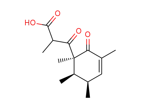 Molecular Structure of 845522-58-9 ((2RS)-2-methyl-3-oxo-3-[(1S,5S,6R)-1,3,5,6-tetramethyl-2-oxocyclohex-3-enyl]propionic acid)