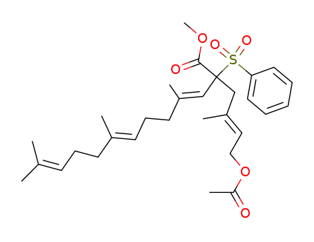 Molecular Structure of 187268-44-6 ((3E,7E)-2-((E)-4-Acetoxy-2-methyl-but-2-enyl)-2-benzenesulfonyl-4,8,12-trimethyl-trideca-3,7,11-trienoic acid methyl ester)