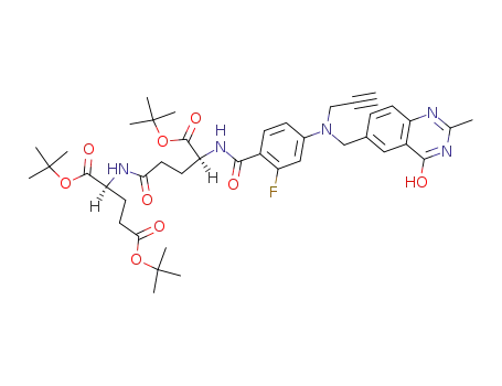 Molecular Structure of 138899-82-8 ((S)-2-((S)-4-tert-Butoxycarbonyl-4-{2-fluoro-4-[(4-hydroxy-2-methyl-quinazolin-6-ylmethyl)-prop-2-ynyl-amino]-benzoylamino}-butyrylamino)-pentanedioic acid di-tert-butyl ester)