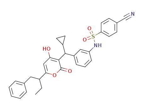 Molecular Structure of 162170-28-7 (Benzenesulfonamide,4-cyano-N-[3-[cyclopropyl[4-hydroxy-2-oxo-6-[1-(phenylmethyl)propyl]-2H-pyran-3-yl]methyl]phenyl]-,[S-(R*,S*)]- (9CI))