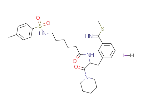 Molecular Structure of 93236-03-4 (3-{3-Oxo-3-piperidin-1-yl-2-[6-(toluene-4-sulfonylamino)-hexanoylamino]-propyl}-thiobenzimidic acid methyl ester; hydriodide)