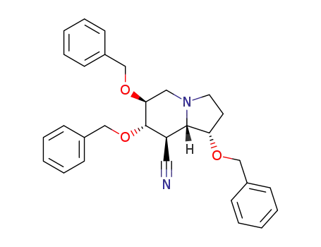 Molecular Structure of 171925-36-3 (8-Indolizinecarbonitrile, octahydro-1,6,7-tris(phenylmethoxy)-, 1S-(1.alpha.,6.beta.,7.alpha.,8.beta.,8a.beta.)-)