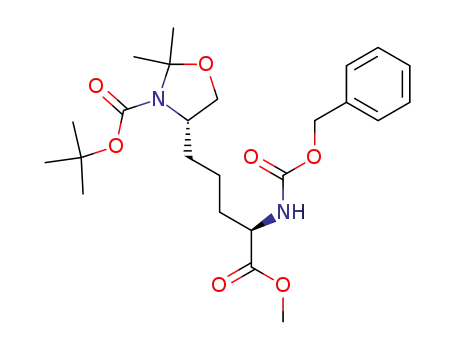 Molecular Structure of 144619-41-0 ((S)-4-((R)-4-Benzyloxycarbonylamino-4-methoxycarbonyl-butyl)-2,2-dimethyl-oxazolidine-3-carboxylic acid tert-butyl ester)