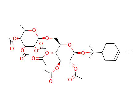 Molecular Structure of 131284-00-9 (Acetic acid (2S,3R,4S,5R,6R)-4,5-diacetoxy-2-[1-methyl-1-(4-methyl-cyclohex-3-enyl)-ethoxy]-6-((2R,3R,4R,5S,6S)-3,4,5-triacetoxy-6-methyl-tetrahydro-pyran-2-yloxymethyl)-tetrahydro-pyran-3-yl ester)