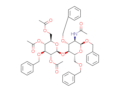 Molecular Structure of 174148-10-8 (benzyl 2,4,6-tri-O-acetyl-3-O-benzyl-β-D-glucopyranosyl-(1<*>4)-2-acetamido-3,6-di-O-benzyl-2-deoxy-α-D-glucopyranoside)