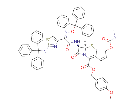 4-methoxyphenylmethyl 7-<(Z)-2-(2-tritylaminothiazol-4-yl)-2-trityloxyiminoacetamido>-3-<(Z)-3-(N-methylcarbamoyloxy)-1-propenyl>-3-cephem-4-carboxylate