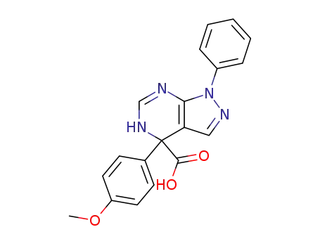 Molecular Structure of 89549-59-7 (1H-Pyrazolo[3,4-d]pyrimidine-4-carboxylic acid,
4,5-dihydro-4-(4-methoxyphenyl)-1-phenyl-)