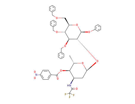 Molecular Structure of 144427-74-7 (phenyl 3,4,6-tri-O-benzyl-2-O-(2,3,6-trideoxy-4-O-p-nitrobenzoyl-3-trifluoroacetamido-α-L-ribo-hexopyranosyl)-β-D-glucopyranoside)