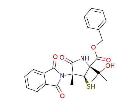 Molecular Structure of 76102-64-2 ((2R,3R,4R)-4-(1,3-Dioxo-1,3-dihydro-isoindol-2-yl)-2-(1-hydroxy-1-methyl-ethyl)-3-mercapto-4-methyl-5-oxo-pyrrolidine-2-carboxylic acid benzyl ester)