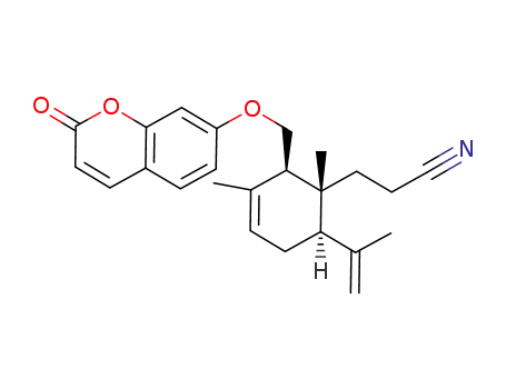 Molecular Structure of 90396-66-0 (3-[(1R,2R,6R)-6-Isopropenyl-1,3-dimethyl-2-(2-oxo-2H-chromen-7-yloxymethyl)-cyclohex-3-enyl]-propionitrile)