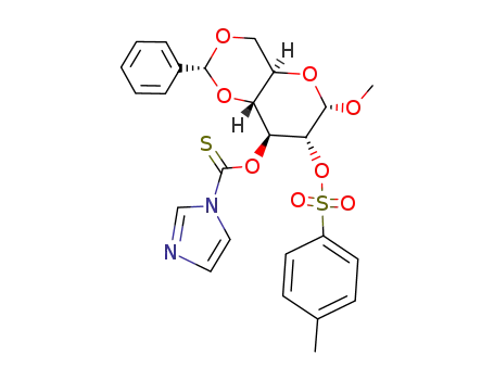 Molecular Structure of 79233-83-3 (Imidazole-1-carbothioic acid O-[(2R,4aR,6S,7R,8S,8aR)-6-methoxy-2-phenyl-7-(toluene-4-sulfonyloxy)-hexahydro-pyrano[3,2-d][1,3]dioxin-8-yl] ester)