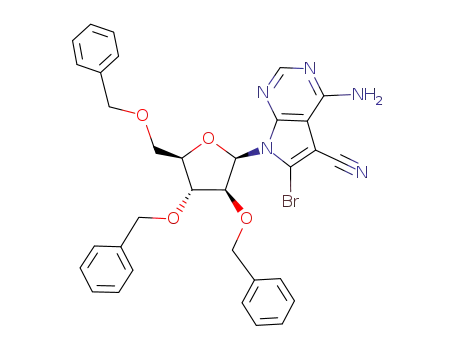 Molecular Structure of 110089-54-8 (4-amino-6-bromo-7-(2,3,5-tri-O-benzyl-β-D-arabinofuranosyl)pyrrolo<2,3-d>pyrimidine-5-carbonitrile)
