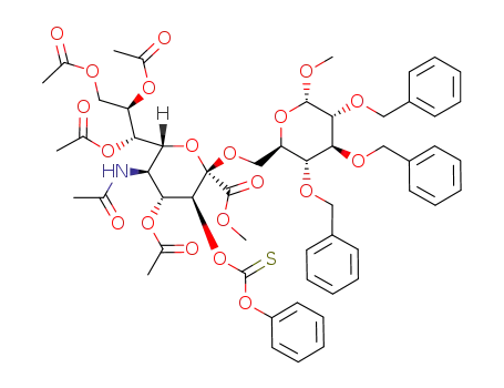 Molecular Structure of 111192-14-4 (methyl 2,3,4-tri-O-benzyl-6-O-<methyl (5-acetamido-4,7,8,9-tetra-O-acetyl-5-deoxy-3-O-<phenoxy(thiocarbonyl)>-β-D-erythro-L-gluco-2-nonulopyranosyl)onate>-α-D-glucopyranoside)