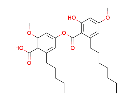 Molecular Structure of 108529-16-4 (Benzoic acid, 2-heptyl-6-hydroxy-4-methoxy-,
4-carboxy-3-methoxy-5-pentylphenyl ester)