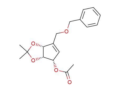 Molecular Structure of 114933-43-6 (Acetic acid (3aS,4S,6aR)-6-benzyloxymethyl-2,2-dimethyl-4,6a-dihydro-3aH-cyclopenta[1,3]dioxol-4-yl ester)