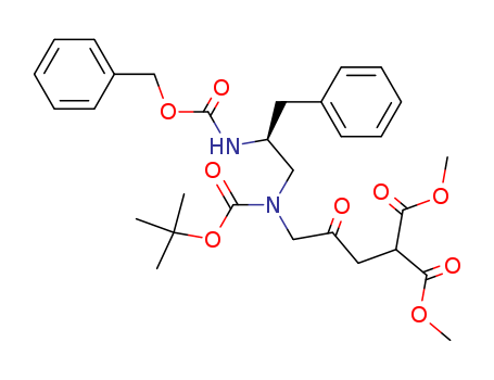 Molecular Structure of 184847-62-9 (Propanedioic acid,
[3-[[(1,1-dimethylethoxy)carbonyl][3-phenyl-2-[[(phenylmethoxy)carbonyl]
amino]propyl]amino]-2-oxopropyl]-, dimethyl ester, (S)-)