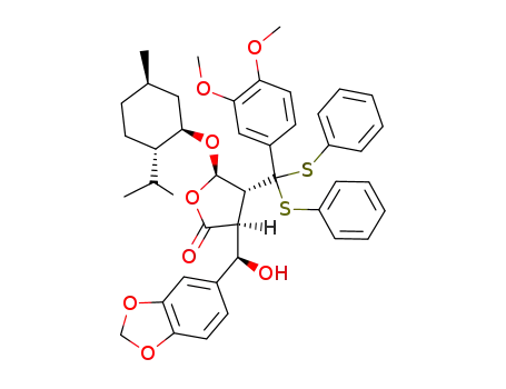 (-)-(3S,4R,5R,6R)-3-(3',4'-methylenedioxy-α-hydroxybenzyl)-4-<3'',4''-dimethoxy-α,α-bis(phenylthio)benzyl>-5-(1-menthyloxy)butyrolactone