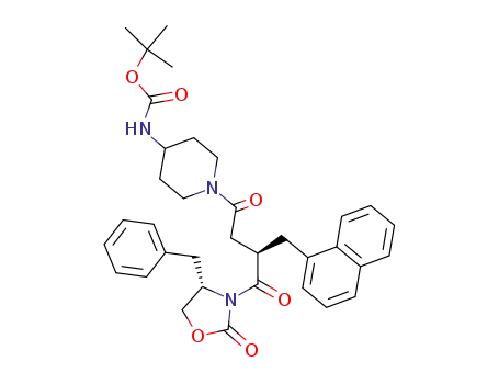 Molecular Structure of 150544-82-4 ((4S)-4-benzyl-3-<(2R)-3-<1-<4-<(tert-butyloxycarbonyl)amino>piperidinyl>>carbonyl>-2-<(1-naphthyl)methyl>oxazolidin-2-one)