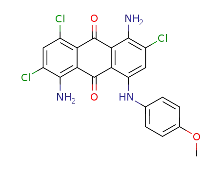 Molecular Structure of 88653-28-5 (9,10-Anthracenedione,
1,5-diamino-2,4,6-trichloro-8-[(4-methoxyphenyl)amino]-)