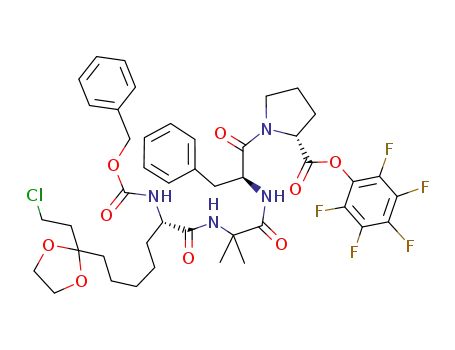 Molecular Structure of 88568-93-8 (D-Proline,
1-[N-[N-[7-[2-(2-chloroethyl)-1,3-dioxolan-2-yl]-1-oxo-2-[[(phenylmethoxy
)carbonyl]amino]heptyl]-2-methylalanyl]-L-phenylalanyl]-,
pentafluorophenyl ester, (S)-)