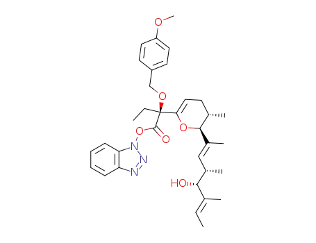 Molecular Structure of 186522-66-7 ((S)-2-[(5S,6S)-6-((1E,5E)-(3S,4R)-4-Hydroxy-1,3,5-trimethyl-hepta-1,5-dienyl)-5-methyl-5,6-dihydro-4H-pyran-2-yl]-2-(4-methoxy-benzyloxy)-butyric acid benzotriazol-1-yl ester)