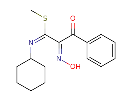 Molecular Structure of 112380-83-3 (Benzenepropanimidothioic acid, N-cyclohexyl-a-(hydroxyimino)-b-oxo-,
methyl ester)