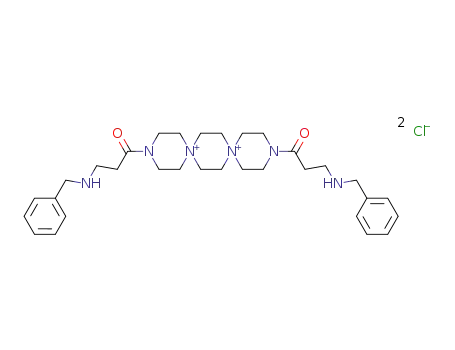 Molecular Structure of 95461-35-1 (3,6,9,12-Tetraazadispiro[5.2.5.2]hexadecan-9,6-ium,3,12-bis[1-oxo-3-[(phenylmethyl)amino]propyl]-, chloride (1:2))