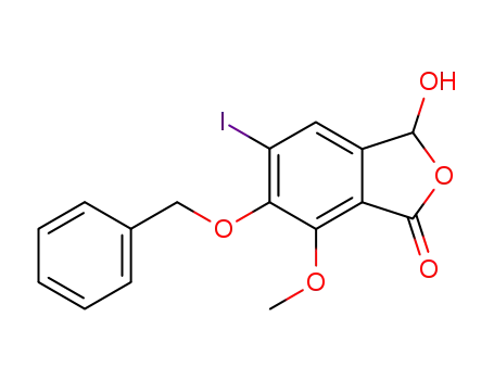 Molecular Structure of 877662-88-9 (1(3H)-Isobenzofuranone,
3-hydroxy-5-iodo-7-methoxy-6-(phenylmethoxy)-)