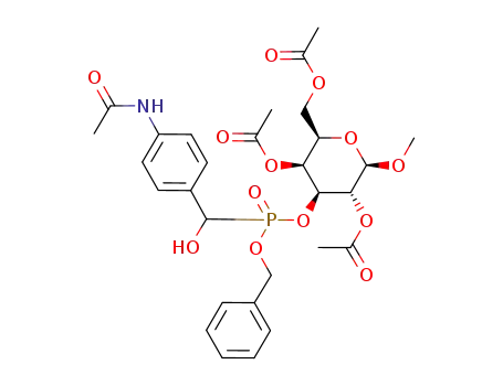 Molecular Structure of 945621-54-5 (O-benzyl O-(1-O-methyl-2,4,6-tri-O-acetyl-β-D-galactopyranos-3-yl) ((4-acetamidophenyl)(hydroxy)methyl)phosphonate)