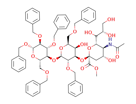 Benzyl-O-<methyl-(5-acetamido-3,5-didesoxy-<*>glycero-β-<*>-galacto-2-nonulopyranosyl)onat>-(2->3)-O-(2,6-di-O-benzyl-β-<*>-galactopyranosyl)-(1->4)-2,3,6-tri-O-benzyl-β-<*>-glucopyranosid