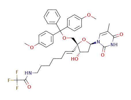 Molecular Structure of 172280-78-3 (N-{(E)-7-[(2R,3S,5R)-2-[Bis-(4-methoxy-phenyl)-phenyl-methoxymethyl]-3-hydroxy-5-(5-methyl-2,4-dioxo-3,4-dihydro-2H-pyrimidin-1-yl)-tetrahydro-furan-2-yl]-hept-6-enyl}-2,2,2-trifluoro-acetamide)