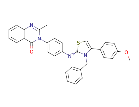 Molecular Structure of 138802-48-9 (4(3H)-Quinazolinone,
3-[4-[[4-(4-methoxyphenyl)-3-(phenylmethyl)-2(3H)-thiazolylidene]amino]
phenyl]-2-methyl-)