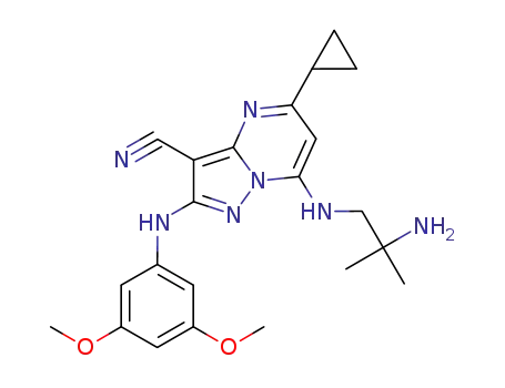 Molecular Structure of 824399-05-5 (7-(2-amino-2-methylpropylamino)-5-cyclopropyl-2-(3,5-dimethoxyphenylamino)pyrazolo[1,5-a]pyrimidine-3-carbonitrile)