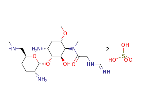 Molecular Structure of 81202-84-8 (6-amino-3-{[(E)-N-(aminomethylidene)glycyl](methyl)amino}-2-hydroxy-4-methoxycyclohexyl 2-amino-2,3,4,6-tetradeoxy-6-(methylamino)hexopyranoside disulfate (salt))